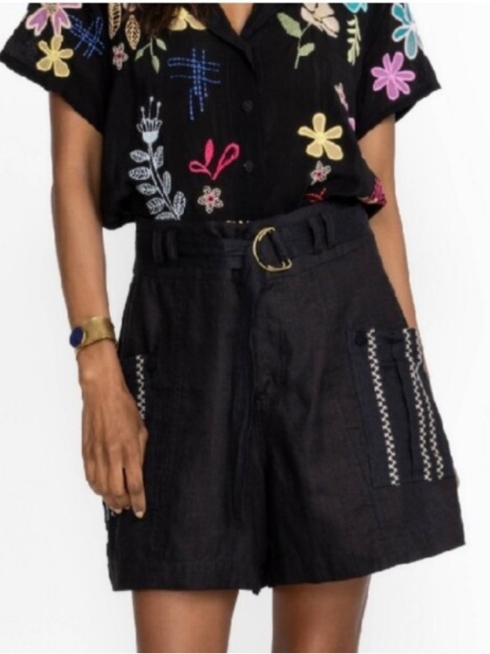 Johnny Was Giana Linen Shorts Black Tan Embroidered Belted High Rise